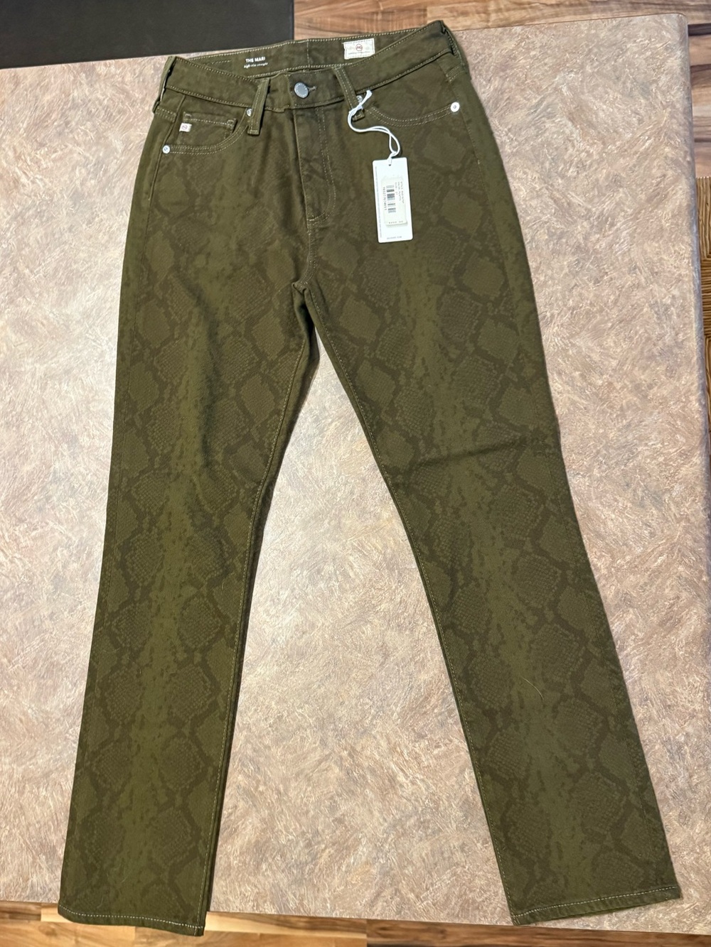ADRIANO GOLDSCHMIED Olive Green Snake-Print Straight Leg Jeans - Women’s 27